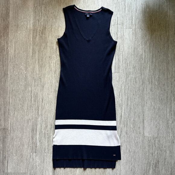 Tommy Hilfiger Navy/White Stripe V-Neck Rib Sleeveless Sweater Dress Size Medium - Picture 1 of 13